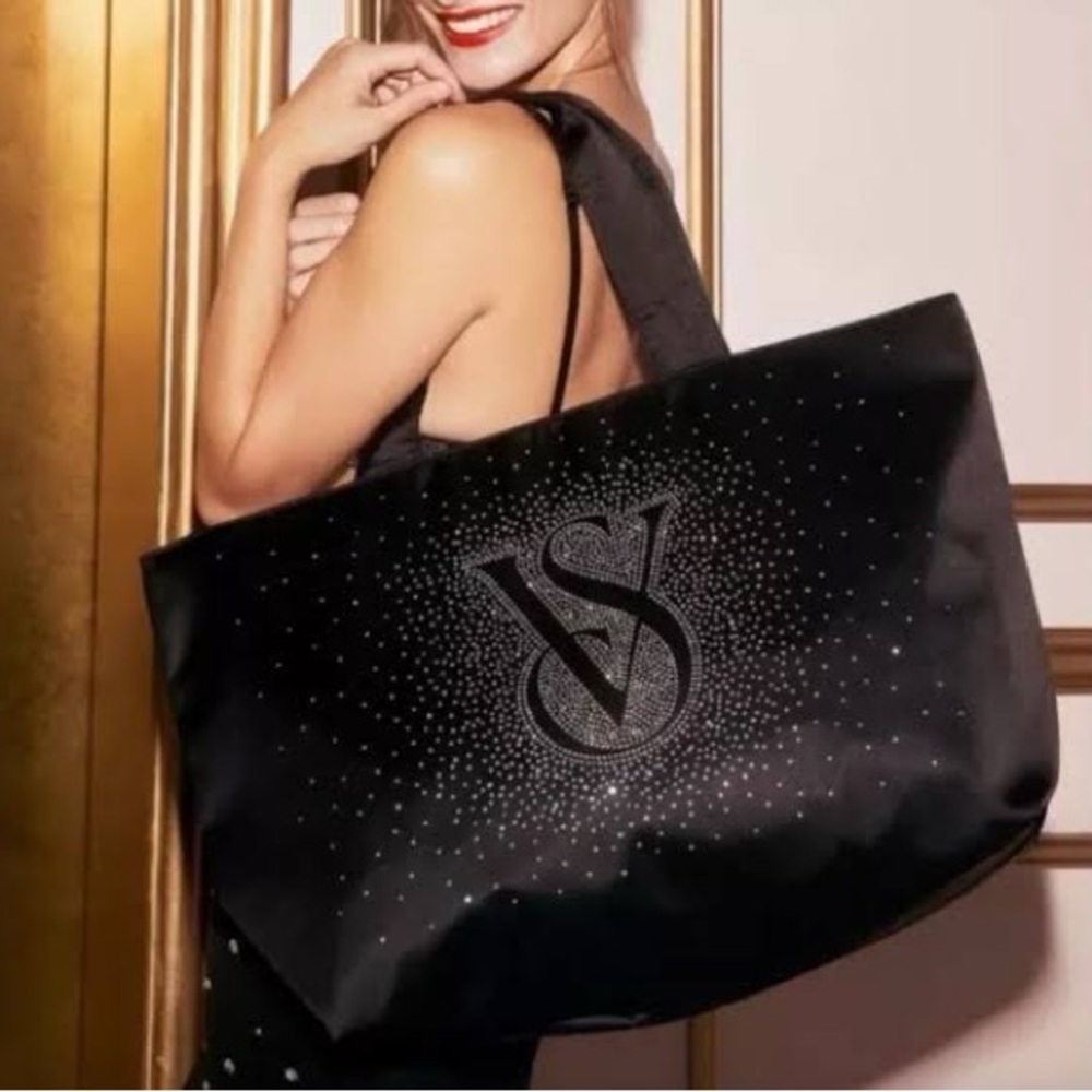 Victoria’s Secret Shine Zipper Tote Bag Holiday 2024 Bling Diamante Graphic NWT